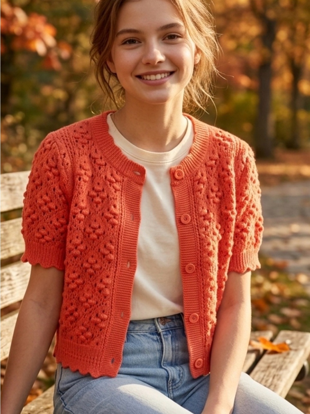 Short-Sleeve Textured Cardigan in Orange